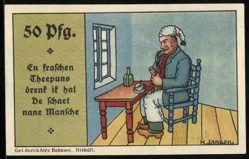Notgeld Niebüll 1920, 50 Pfennig, Mann mit Pfeife und Teepunsch