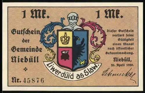 Notgeld Niebüll 1920, 1 Mark, Frau am Spinnrad
