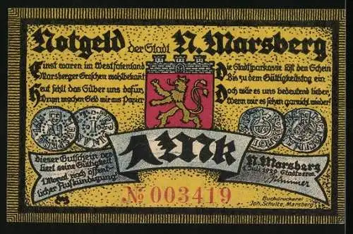 Notgeld N. Marsberg 1920, 1 Mark, Das Diemelthor