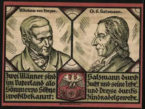 Notgeld Sömmerda /Th. 1921, 1 Mark, Soldat mit Bajonett, Wappen, Portraits Nikolaus von Dreyse u. Ch. G. Salzmann
