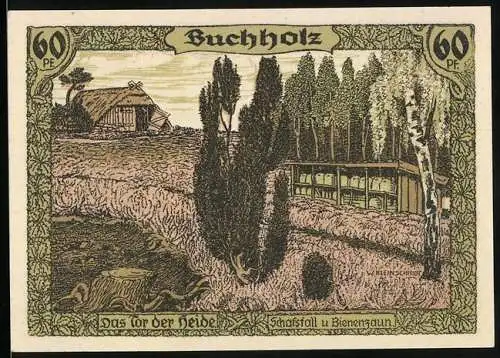 Notgeld Soltau 1921, 60 Pfennig, Buchholz, Schafstall und Bienenzaun, Landkarte Lüneb. Heide mit Schäfer, H. Löns