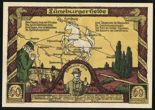 Notgeld Soltau 1921, 60 Pfennig, Buchholz, Schafstall und Bienenzaun, Landkarte Lüneb. Heide mit Schäfer, H. Löns