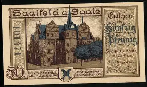 Notgeld Saalfeld /Saale 1921, 50 Pfennig, Rathaus, Wappen, Bürger in Steuer-Schraubpresse