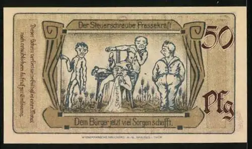 Notgeld Saalfeld /Saale 1921, 50 Pfennig, Rathaus, Wappen, Bürger in Steuer-Schraubpresse