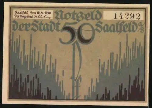 Notgeld Saalfeld /Saale 1921, 50 Pfennig, Wappen, Feengrotten