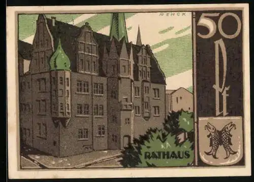Notgeld Saalfeld /Saale 1921, 50 Pfennig, Wappen, Rathaus