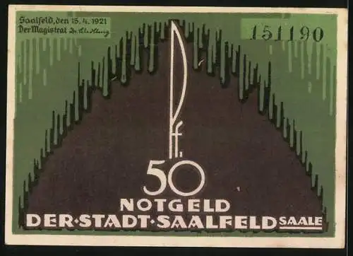 Notgeld Saalfeld /Saale 1921, 50 Pfennig, Wappen, Rathaus