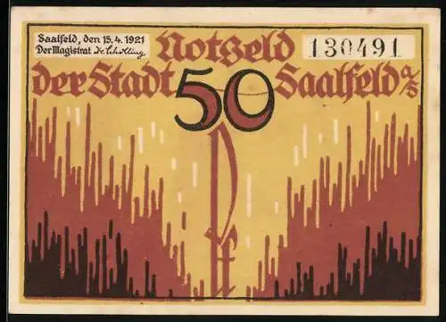Notgeld Saalfeld /Saale 1921, 50 Pfennig, Wappen, Hoher Schwarm