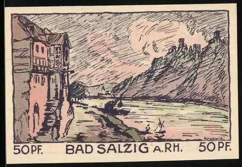 Notgeld Bad Salzig a. Rh. 1921, 50 Pfennig, Durstiger Wanderer, Rheinpartie