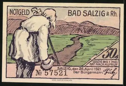 Notgeld Bad Salzig a. Rh. 1921, 50 Pfennig, Durstiger Wanderer, Rheinpartie