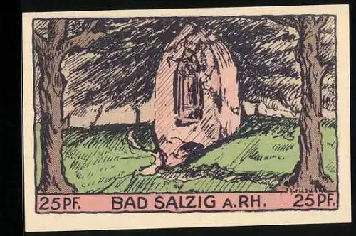 Notgeld Bad Salzig a. Rh. 1921, 25 Pfennig, Grenzstein, Gewölbe mit Frauenfigur und Weintraube