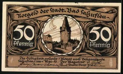 Notgeld Bad Salzuflen 1921, 50 Pfennig, Ortspartie mit Turm, Galgenstreit, Wappen