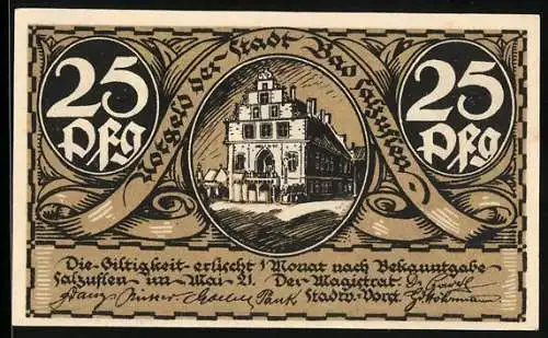 Notgeld Bad Salzuflen 1921, 25 Pfennig, Rathaus, Ortsansicht mit Schmied, Wappen