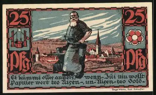 Notgeld Bad Salzuflen 1921, 25 Pfennig, Rathaus, Ortsansicht mit Schmied, Wappen