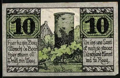 Notgeld Salzwedel 1921, 10 Pfennig, Wappen, Säender Bauer, Burg