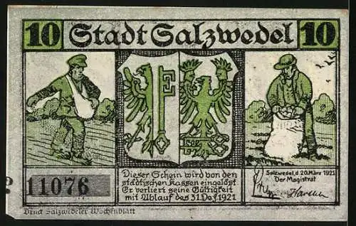 Notgeld Salzwedel 1921, 10 Pfennig, Wappen, Säender Bauer, Burg