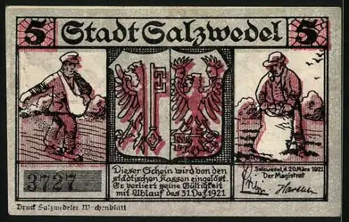 Notgeld Salzwedel 1921, 5 Pfennig, Wappen, Säender Bauer, Siel