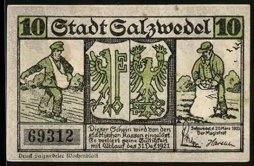 Notgeld Salzwedel 1921, 10 Pfennig, Wappen, Säender und erntender Bauer, Burg