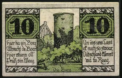 Notgeld Salzwedel 1921, 10 Pfennig, Wappen, Säender und erntender Bauer, Burg