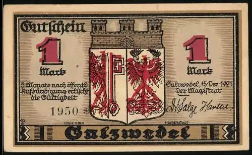 Notgeld Salzwedel 1921, 1 Mark, Wappen, Probstei