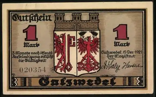 Notgeld Salzwedel 1921, 1 Mark, Wappen, Die Probstei