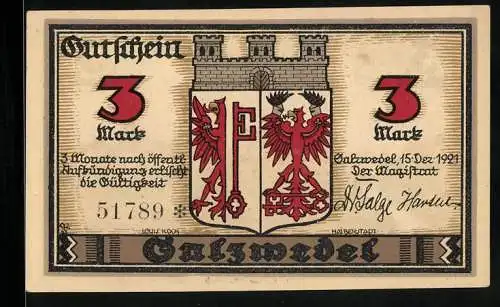 Notgeld Salzwedel 1921, 3 Mark, Wappen, Gesamtansicht mit Windmühle