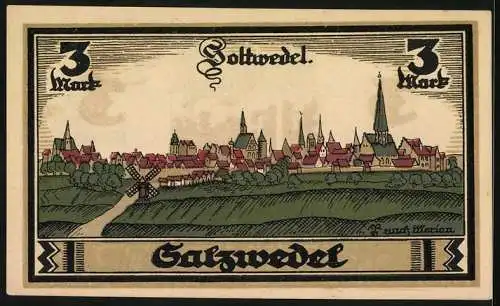 Notgeld Salzwedel 1921, 3 Mark, Wappen, Gesamtansicht mit Windmühle