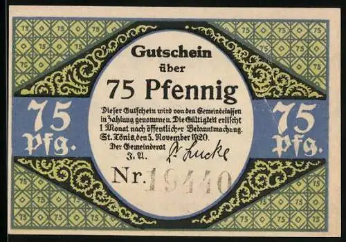 Notgeld St. Tönis 1920, 75 Pfennig, Ornamente, Webstuhl mit Weber