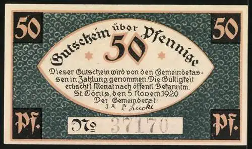 Notgeld St. Tönis 1920, 50 Pfennig, Ornamente, Webstuhl und Spinnrad