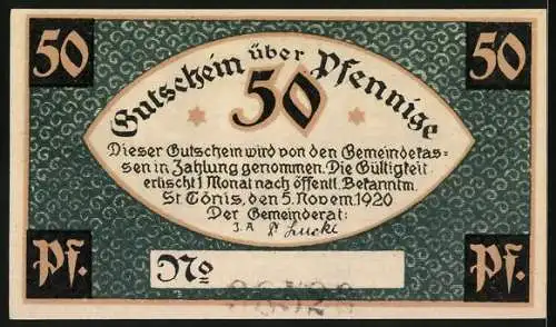 Notgeld St. Tönis 1920, 50 Pfennig, Ornamente, Webstuhl mit Spinnrad