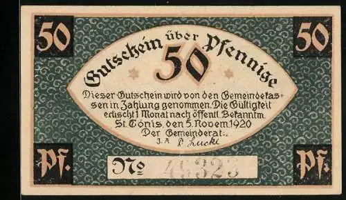 Notgeld St. Tönis 1920, 50 Pfennig, Ornamente, Industrie-Webstuhl und Spinnrad
