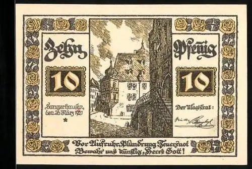 Notgeld Sangerhausen 1921, 10 Pfennig, Ortspartie mit Turm, Rosen, Wappen