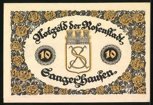 Notgeld Sangerhausen 1921, 10 Pfennig, Ortspartie mit Turm, Rosen, Wappen