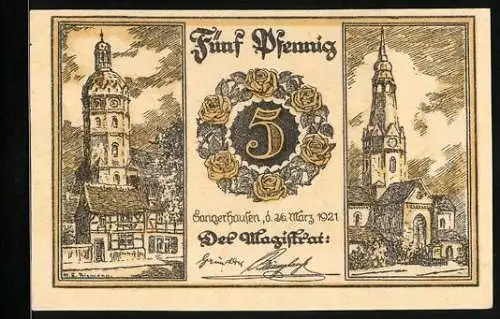 Notgeld Sangerhausen 1921, 5 Pfennig, Ortspartie mit Turm, Kirche, Rosenkranz, Wappen, Figur mit Tasche
