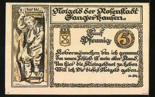 Notgeld Sangerhausen 1921, 5 Pfennig, Ortspartie mit Turm, Kirche, Rosenkranz, Wappen, Figur mit Tasche