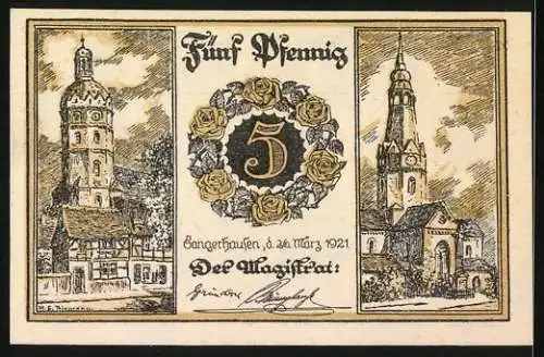 Notgeld Sangerhausen 1921, 5 Pfennig, Turm, Kirche, Rosenkranz, Wappen, Figur mit Tasche