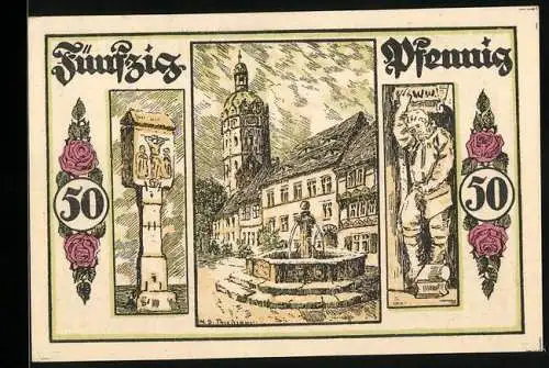 Notgeld Sangerhausen 1921, 50 Pfennig, Rosen, Wappen, Ortspartie mit Brunnen, Figur, Säulendenkmal