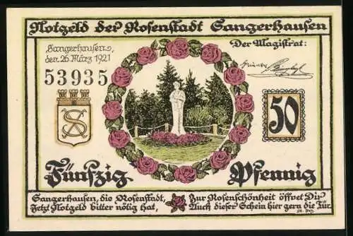 Notgeld Sangerhausen 1921, 50 Pfennig, Rosen, Wappen, Ortspartie mit Brunnen, Figur, Säulendenkmal