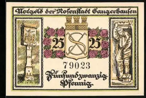 Notgeld Sangerhausen 1921, 25 Pfennig, Rosen, Wappen, Ortspartie mit Brunnen, Figur, Säulendenkmal