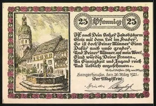 Notgeld Sangerhausen 1921, 25 Pfennig, Rosen, Wappen, Ortspartie mit Brunnen, Figur, Säulendenkmal