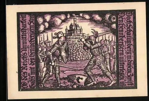 Notgeld Schalkau /Th. 1921, 50 Pfennig, Ritter mit Wappen, Kämpfende Ritter vor der Burg