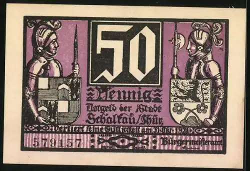 Notgeld Schalkau /Th. 1921, 50 Pfennig, Ritter mit Wappen, Kämpfende Ritter vor der Burg