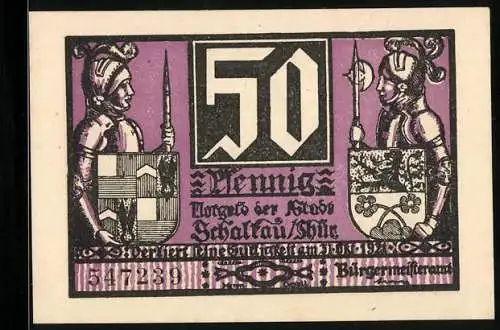 Notgeld Schalkau /Th. 1921, 50 Pfennig, Ritter mit Wappen, Ritterkampf vor der Burg