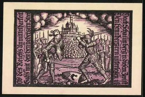 Notgeld Schalkau /Th. 1921, 50 Pfennig, Ritter mit Wappen, Ritterkampf vor der Burg