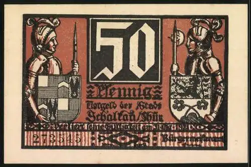 Notgeld Schalkau /Th. 1921, 50 Pfennig, Ritter mit Wappen, Ritterheer mit Anführer