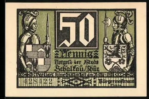 Notgeld Schalkau /Th. 1921, 50 Pfennig, Ritter mit Wappen, Burg