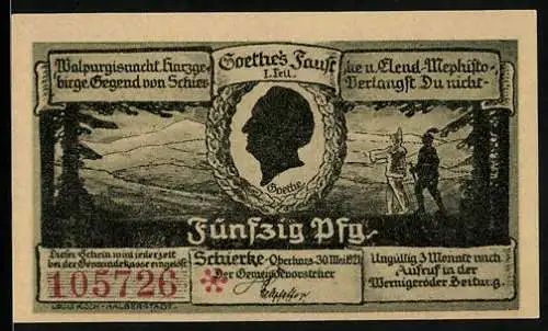 Notgeld Schierke i. Harz 1921, 50 Pfennig, Goethe, Faust und Mephisto, Alte Kirche
