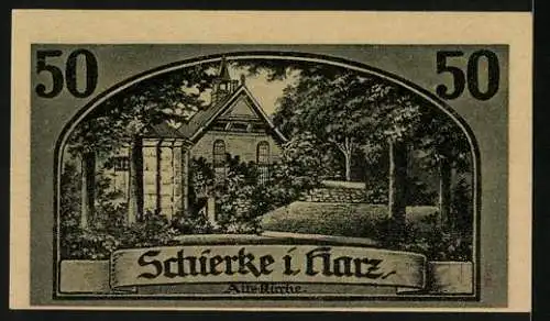 Notgeld Schierke i. Harz 1921, 50 Pfennig, Goethe, Faust und Mephisto, Alte Kirche
