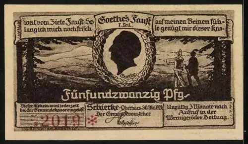 Notgeld Schierke i. Harz 1921, 25 Pfennig, Goethe, Faust und Mephisto, Dorfstrasse