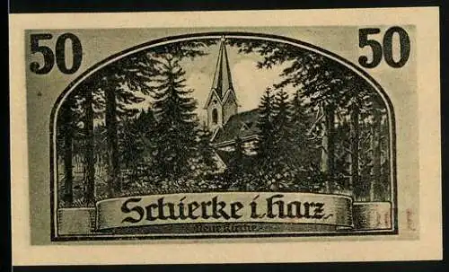 Notgeld Schierke i. Harz 1921, 50 Pfennig, Goethe, Faust und Mephisto, Neue Kirche